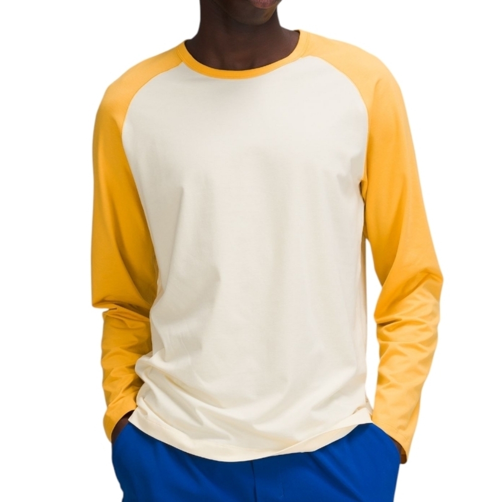 lululemon Men Long Sleeve Raglan Shirt Large Yellow White